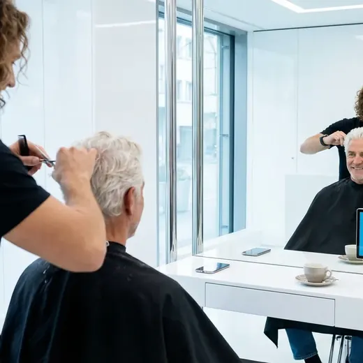 Coiffeursalon, auf dem Screen die Kampagne von Bank Cler