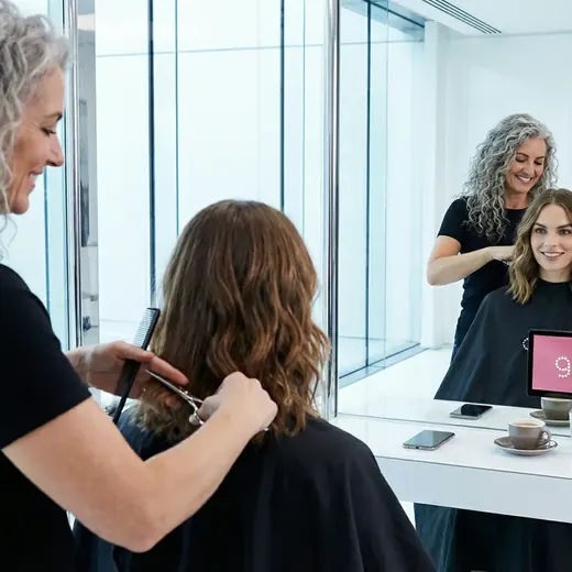 Coiffeursalon, auf dem Screen die Kampagne von GHD