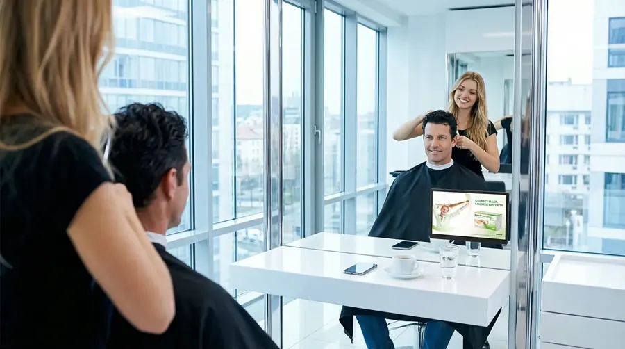 Screen im Coiffeursalon, Kampagne aus der Branche Pharma und Gesundheit