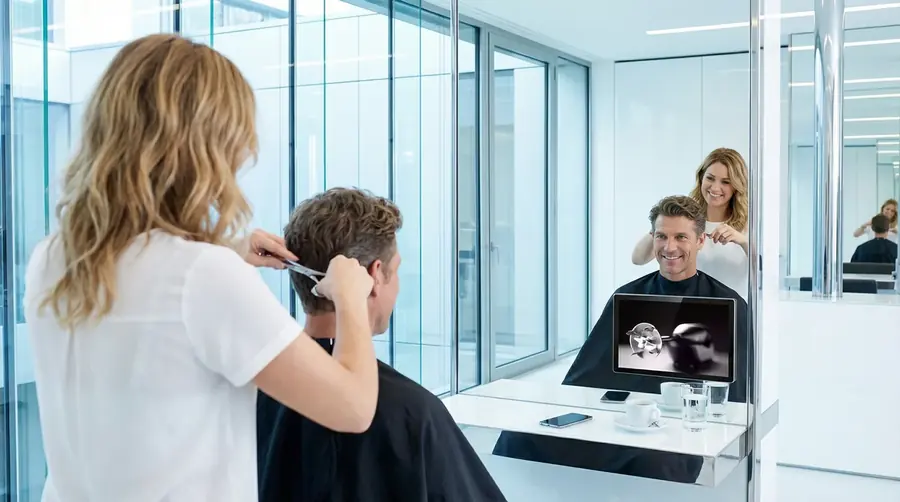 Werbung eines smadooh-Kunden auf dem Screen im Coiffeursalon