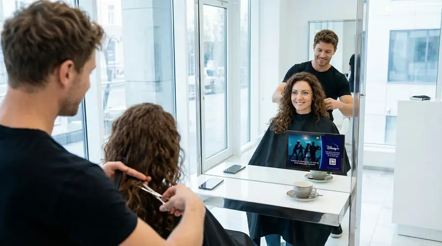 Screen im Coiffeursalon, Kampagne aus der Branche Medien