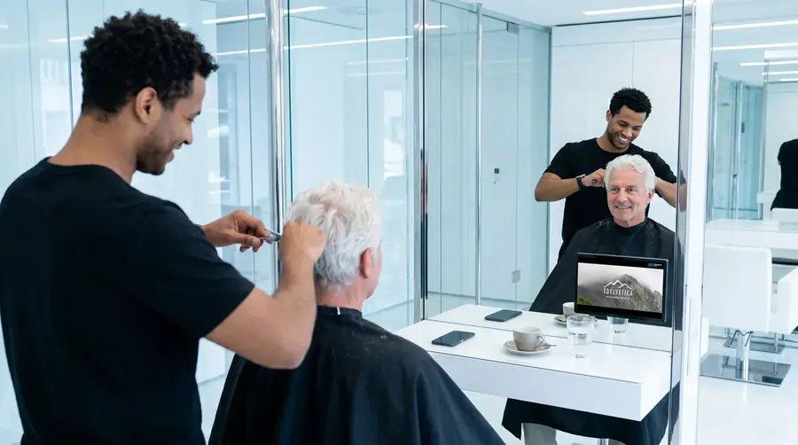Werbung eines smadooh-Kunden auf dem Screen im Coiffeursalon