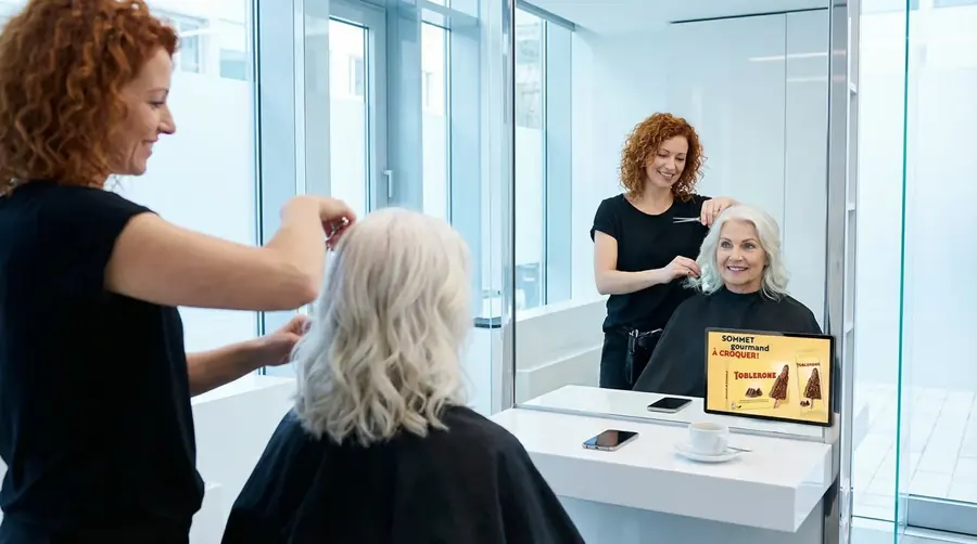 Screen im Coiffeursalon, Umfeld Nahrungsmittel