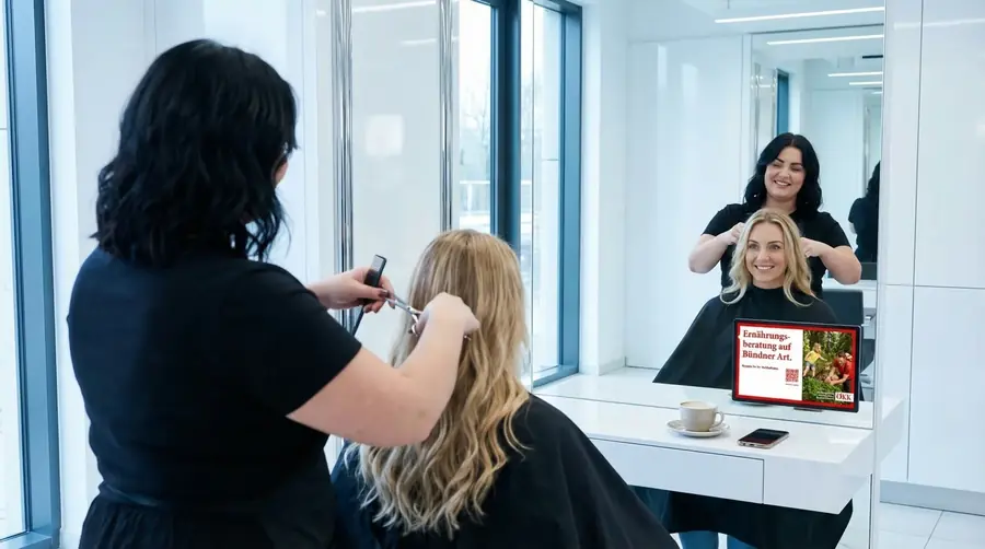Werbung eines smadooh-Kunden auf dem Screen im Coiffeursalon