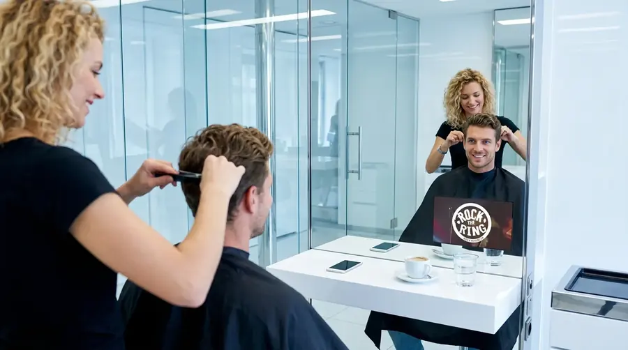Screen im Coiffeursalon, Kampagne aus der Branche Freizeit, Gastronomie und Tourismus