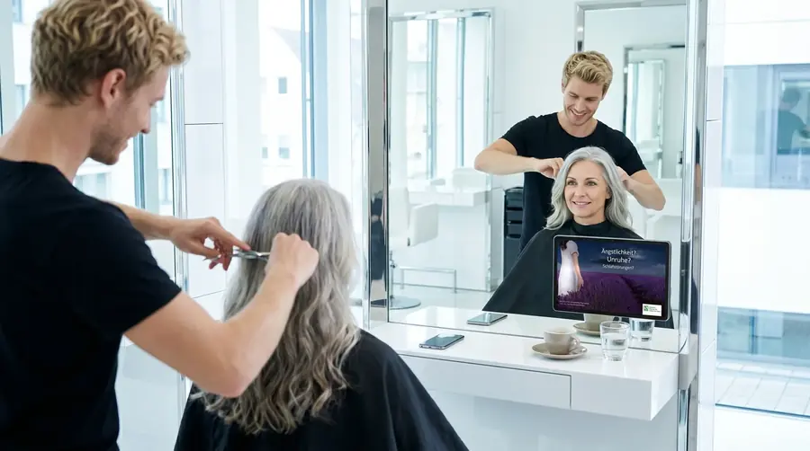 Screen im Coiffeursalon, Kampagne aus der Branche Pharma und Gesundheit