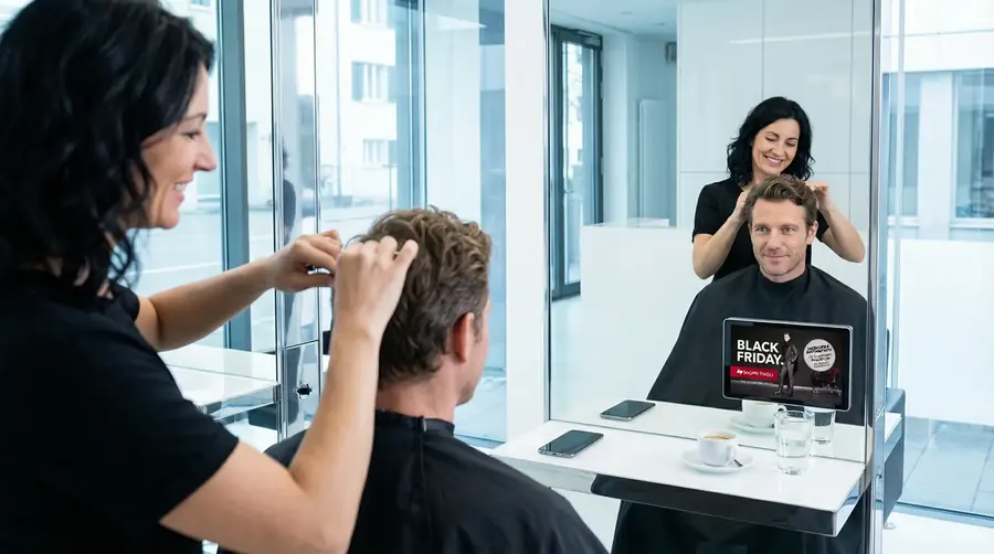 Screen im Coiffeursalon, Kampagne aus der Branche Detailhandel