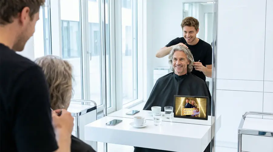 Screen im Coiffeursalon, Umfeld Freizeit, Gastronomie und Tourismus