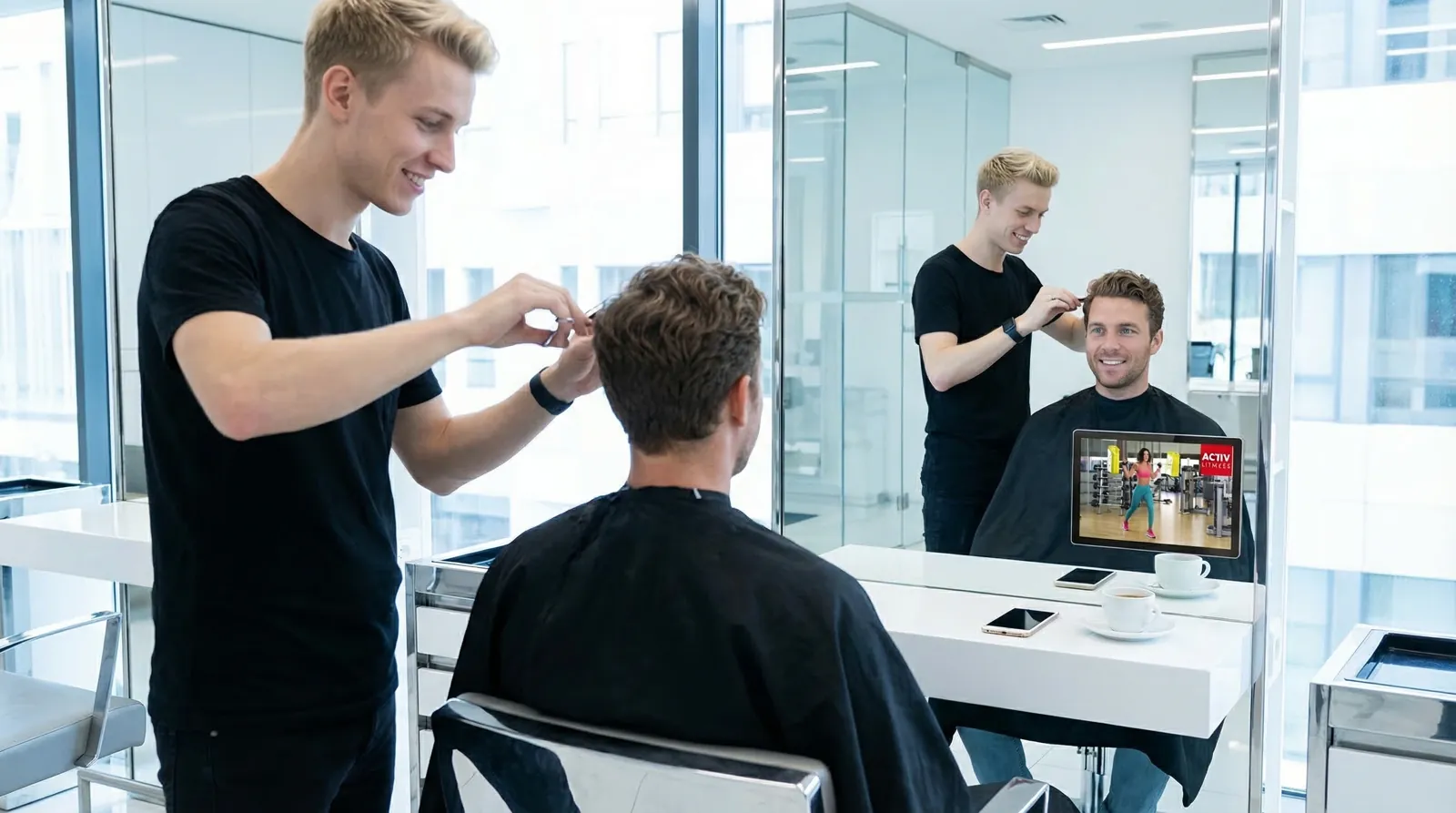 Mann, 30 im Coiffeursalon, auf dem Screen der Spot von Aktiv Fitness