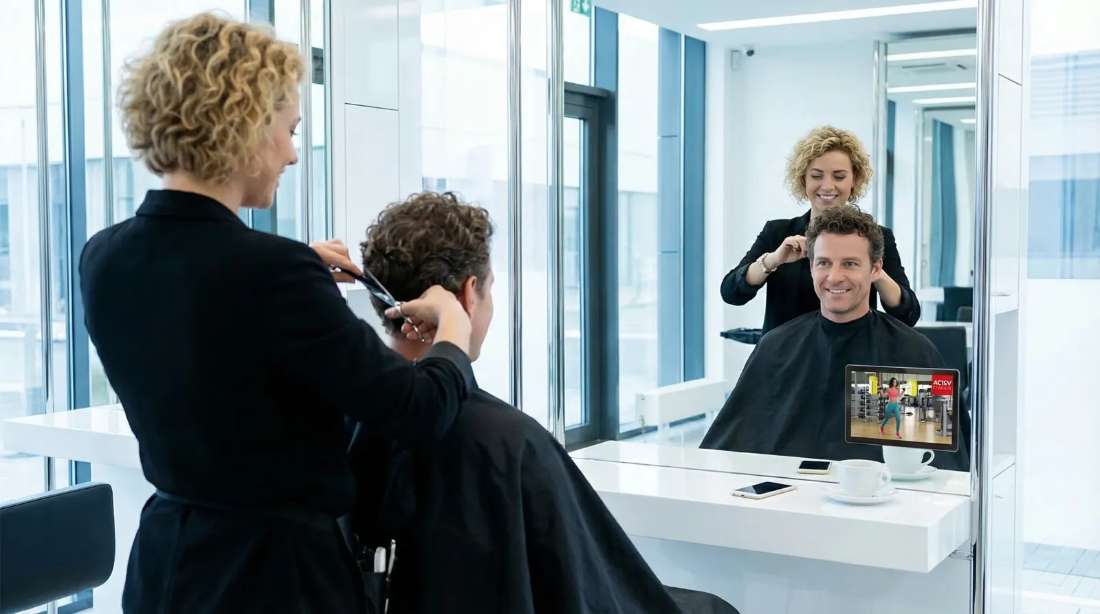 Mann, 40 im Coiffeursalon, auf dem Screen der Spot von Aktiv Fitness