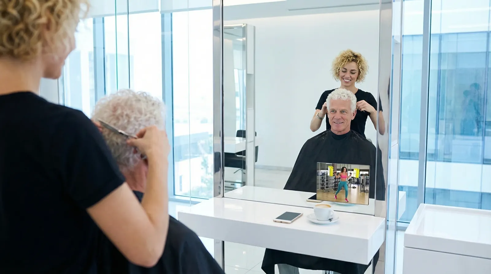 Mann, 60 im Coiffeursalon, auf dem Screen der Spot von Aktiv Fitness
