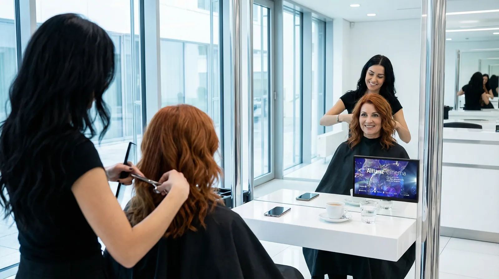 Frau, 50 im Coiffeursalon, auf dem Screen die Werbung von Allianz Clear