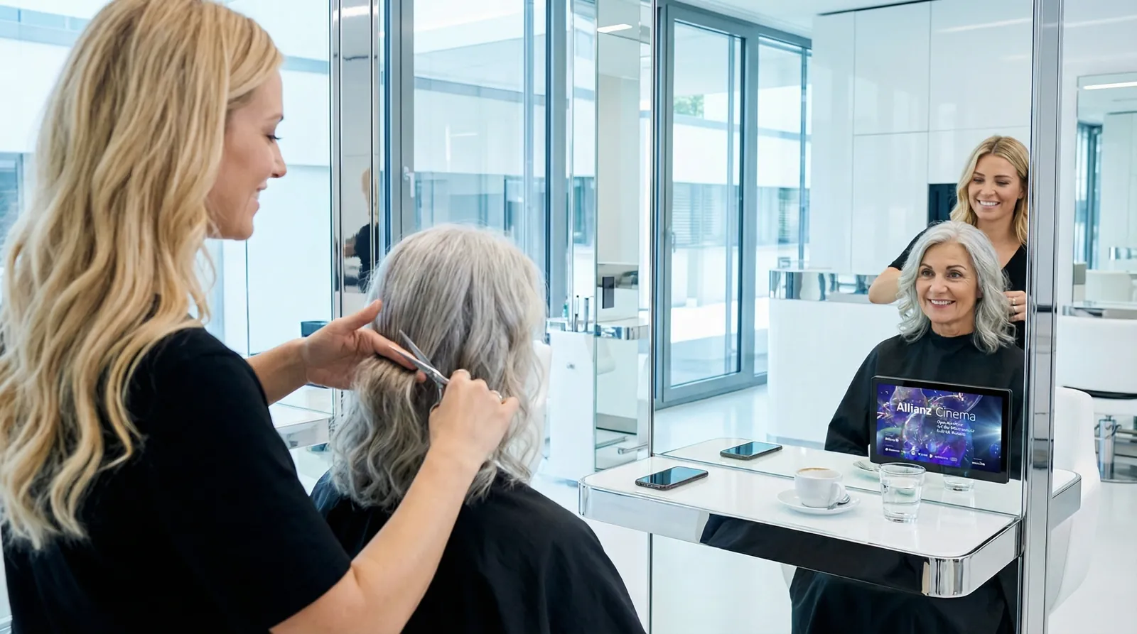 Frau, 60 im Coiffeursalon, auf dem Screen die Werbung von Allianz Clear