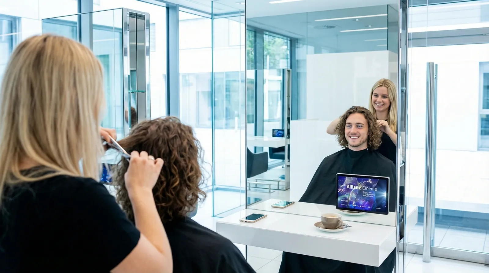 Mann, 20 im Coiffeursalon, auf dem Screen die Werbung von Allianz Clear