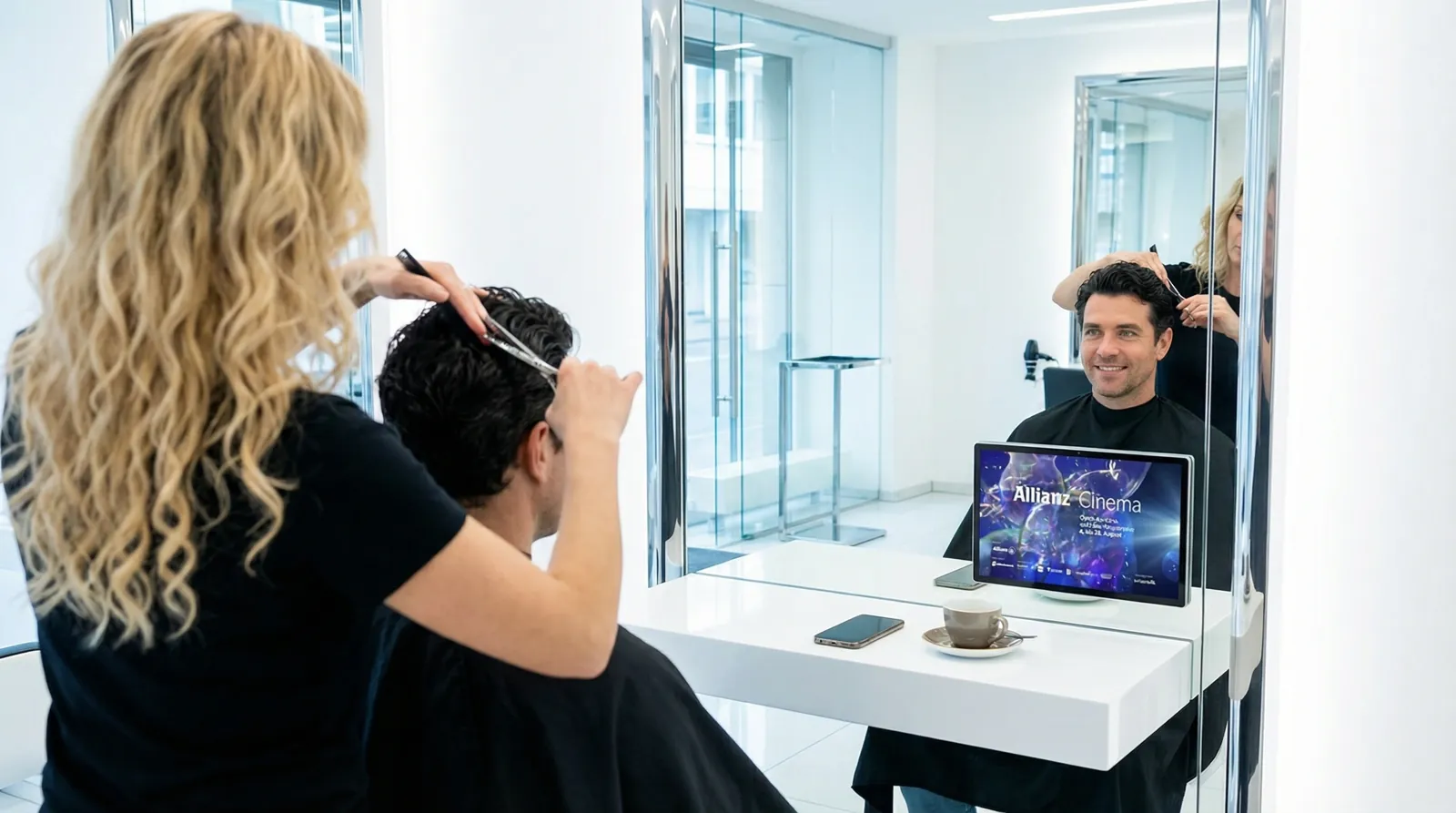 Mann, 40 im Coiffeursalon, auf dem Screen der Spot von Allianz Clear