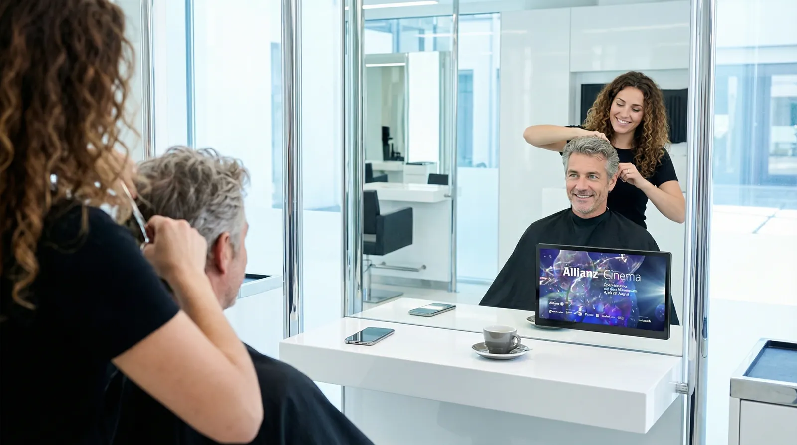 Mann, 50 im Coiffeursalon, auf dem Screen der Spot von Allianz Clear
