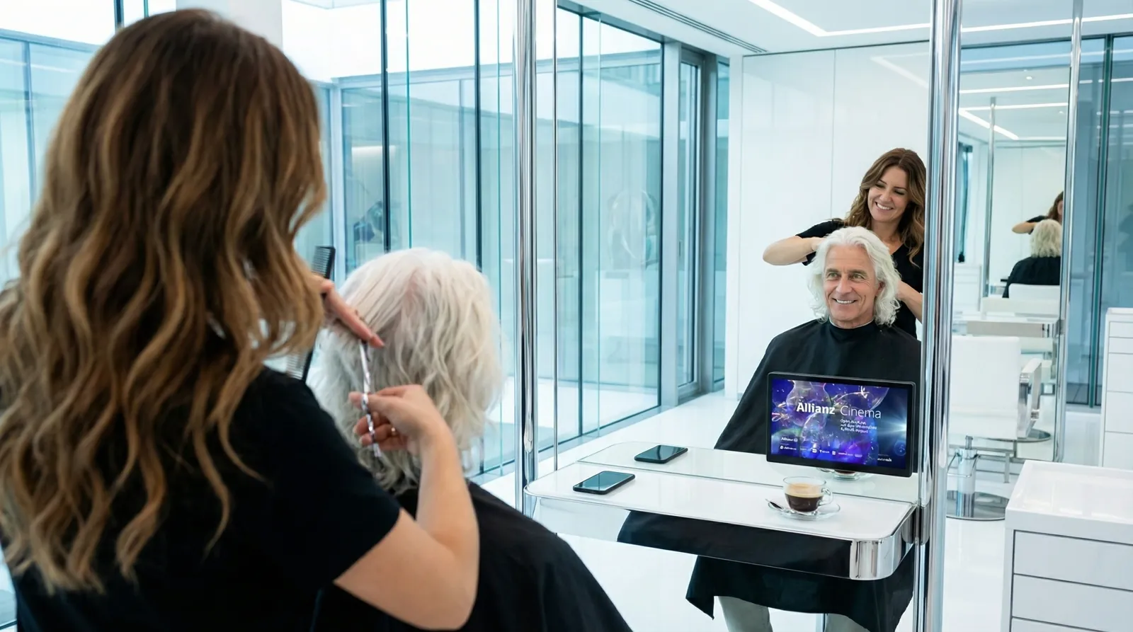 Mann, 60 im Coiffeursalon, auf dem Screen der Spot von Allianz Clear