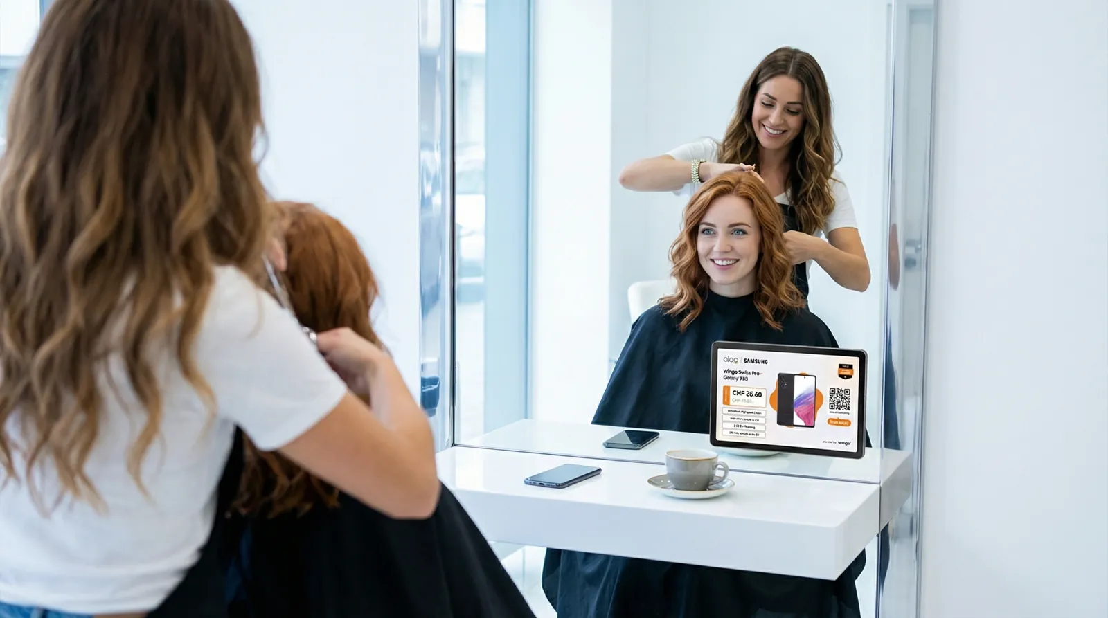 Frau, 20 im Coiffeursalon, auf dem Screen der Spot von Aloa