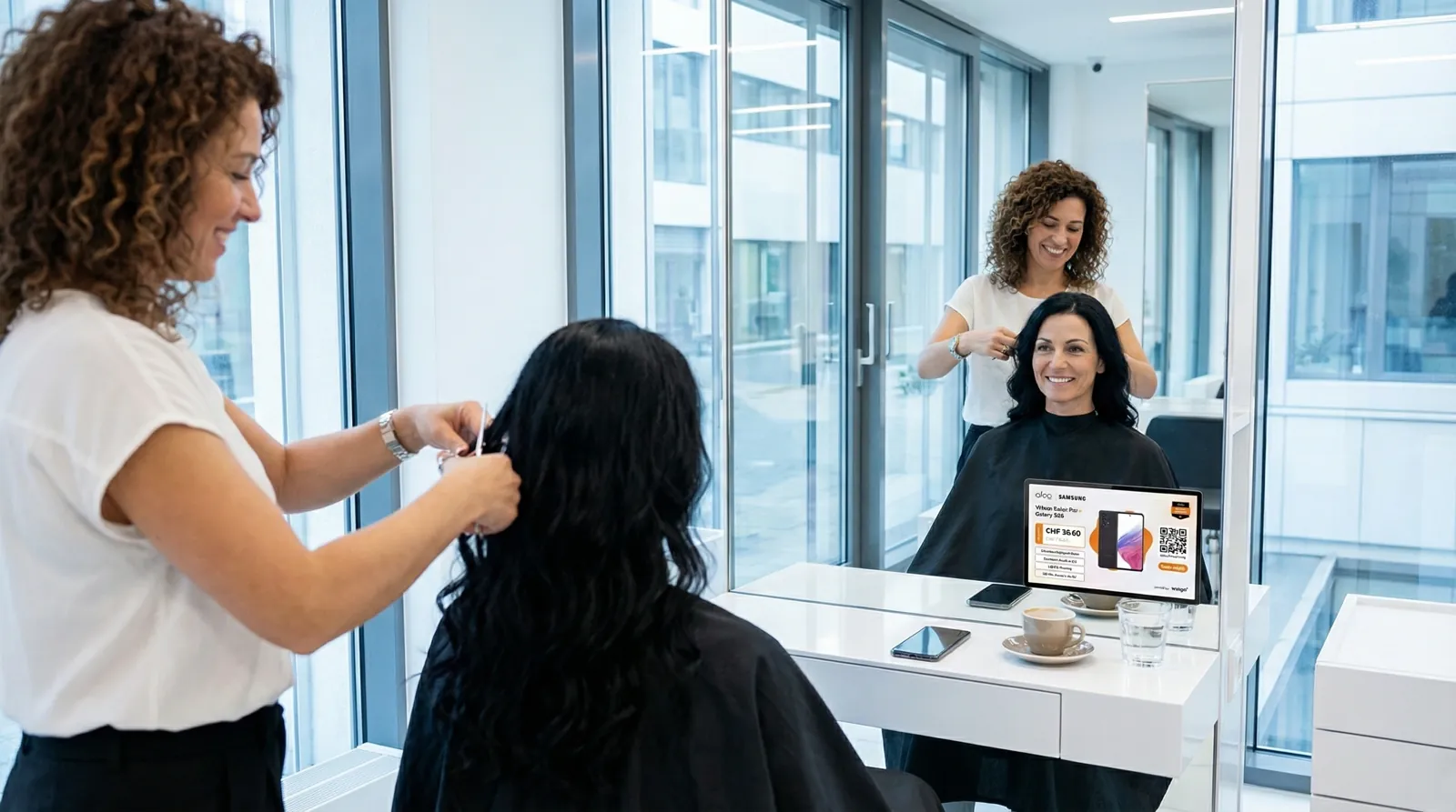 Frau, 50 im Coiffeursalon, auf dem Screen der Spot von Aloa