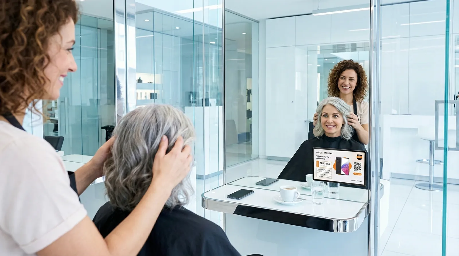 Frau, 60 im Coiffeursalon, auf dem Screen der Spot von Aloa