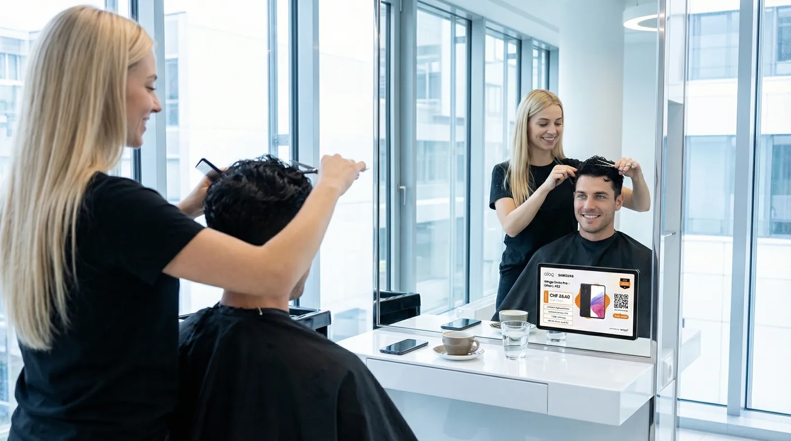 Mann, 20 im Coiffeursalon, auf dem Screen der Spot von Aloa