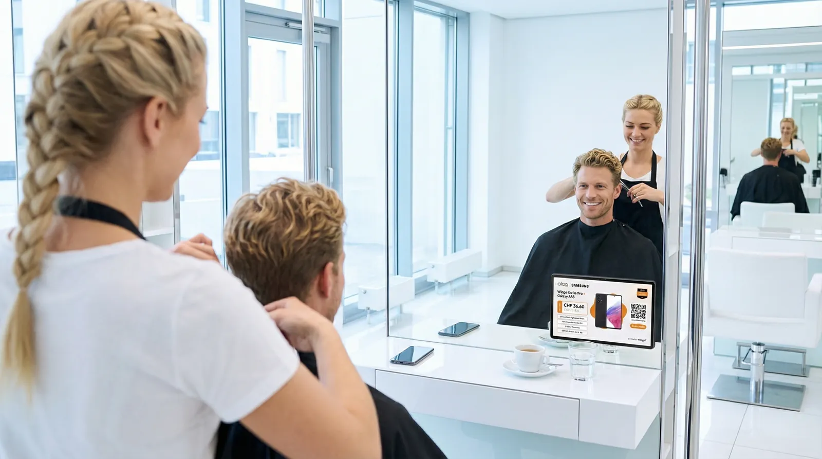 Mann, 30 im Coiffeursalon, auf dem Screen der Spot von Aloa