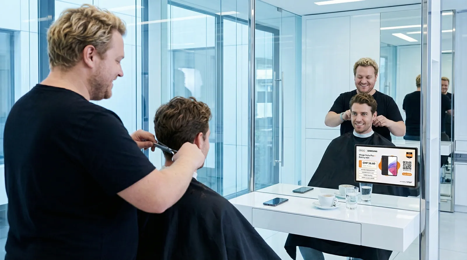 Mann, 40 im Coiffeursalon, auf dem Screen der Spot von Aloa