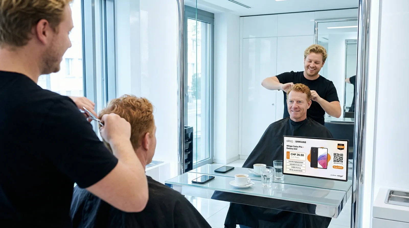 Mann, 50 im Coiffeursalon, auf dem Screen der Spot von Aloa