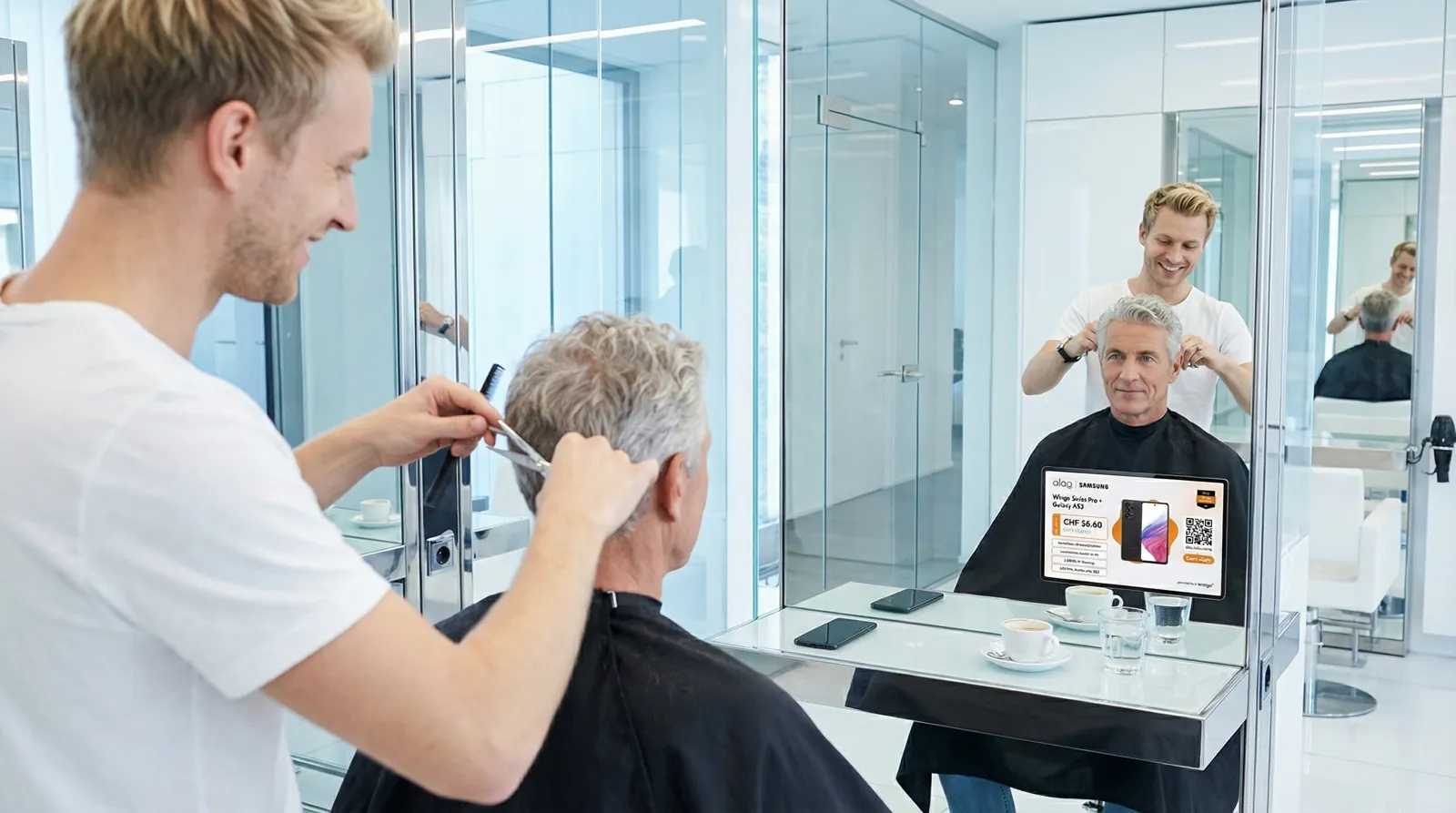 Mann, 60 im Coiffeursalon, auf dem Screen der Spot von Aloa