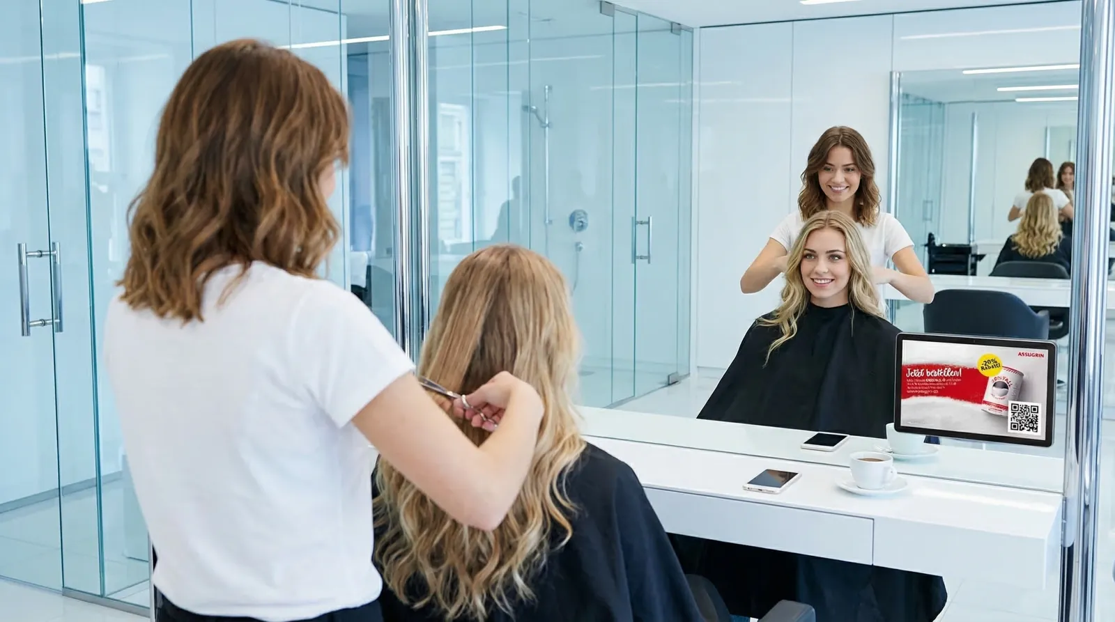 Frau, 20 im Coiffeursalon, auf dem Screen der Spot von Assugrin