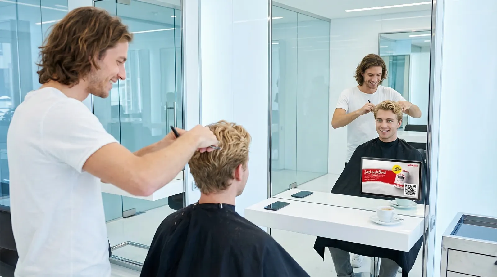 Mann, 20 im Coiffeursalon, auf dem Screen der Spot von Assugrin