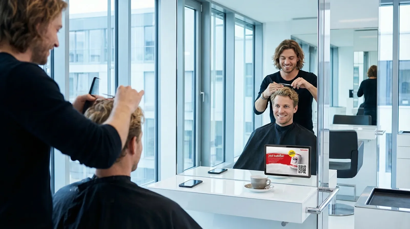 Mann, 30 im Coiffeursalon, auf dem Screen der Spot von Assugrin