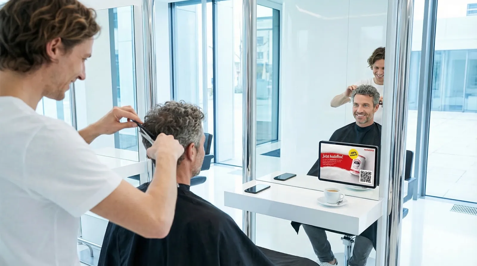Mann, 40 im Coiffeursalon, auf dem Screen der Spot von Assugrin