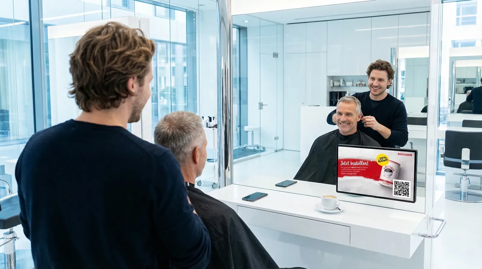 Mann, 50 im Coiffeursalon, auf dem Screen der Spot von Assugrin
