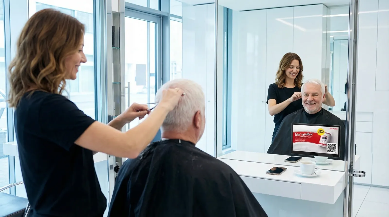 Mann, 60 im Coiffeursalon, auf dem Screen der Spot von Assugrin