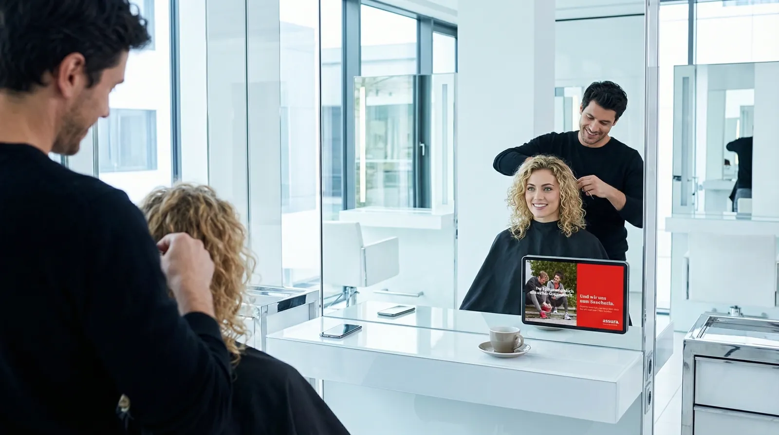 Frau, 20 im Coiffeursalon, auf dem Screen der Spot von Assura