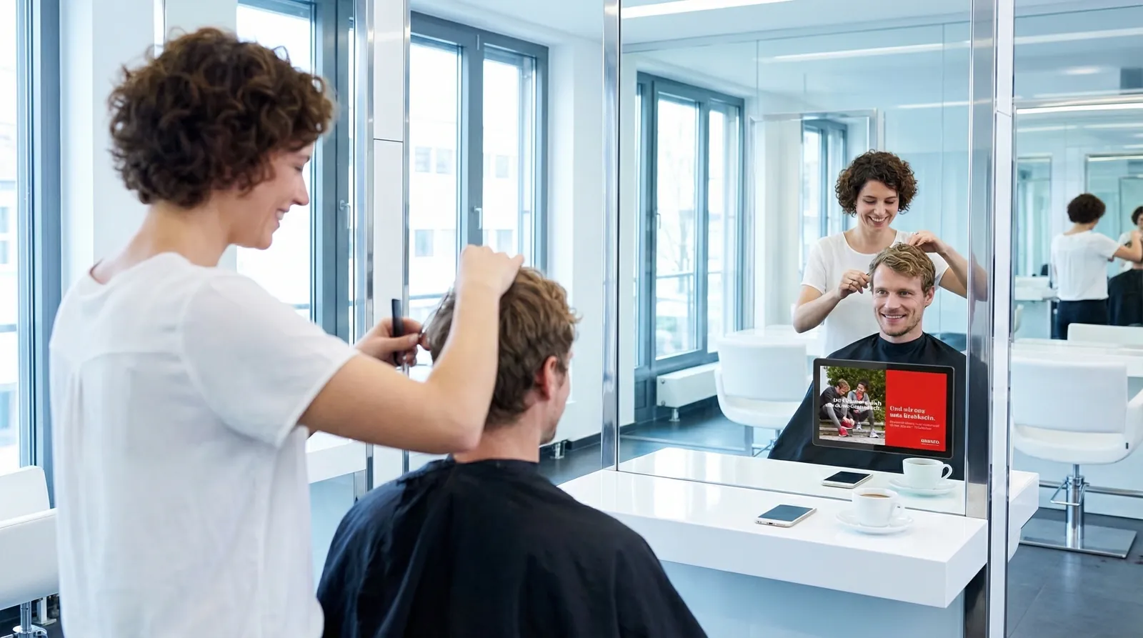 Frau, 30 im Coiffeursalon, auf dem Screen der Spot von Assura
