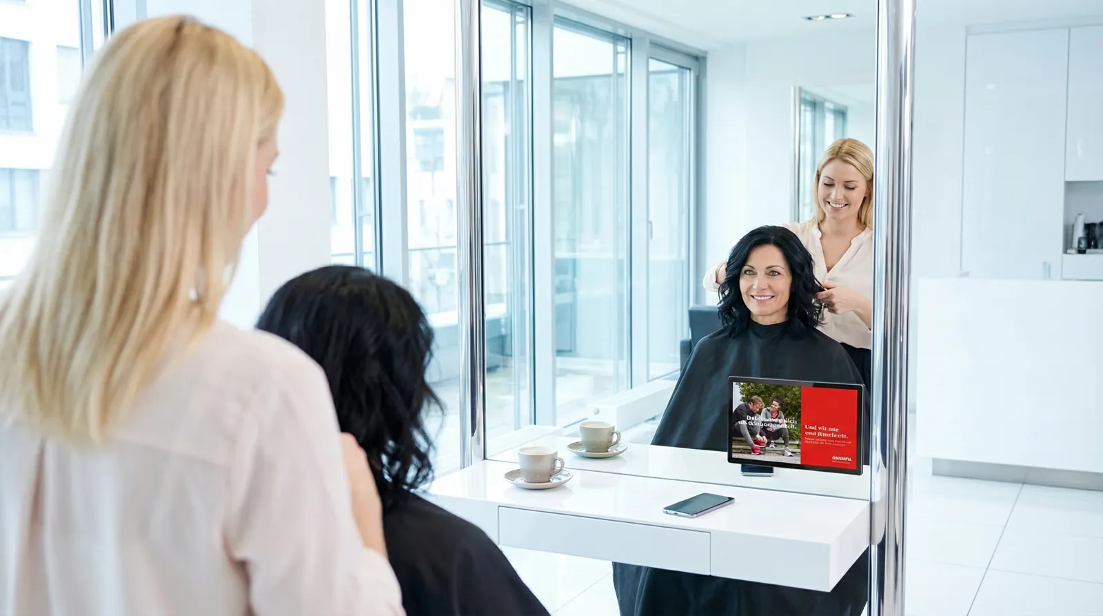 Frau, 40 im Coiffeursalon, auf dem Screen der Spot von Assura