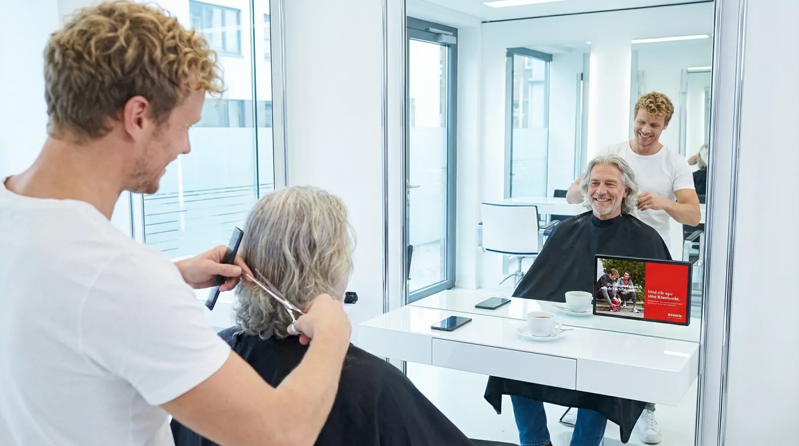 Frau, 60 im Coiffeursalon, auf dem Screen der Spot von Assura