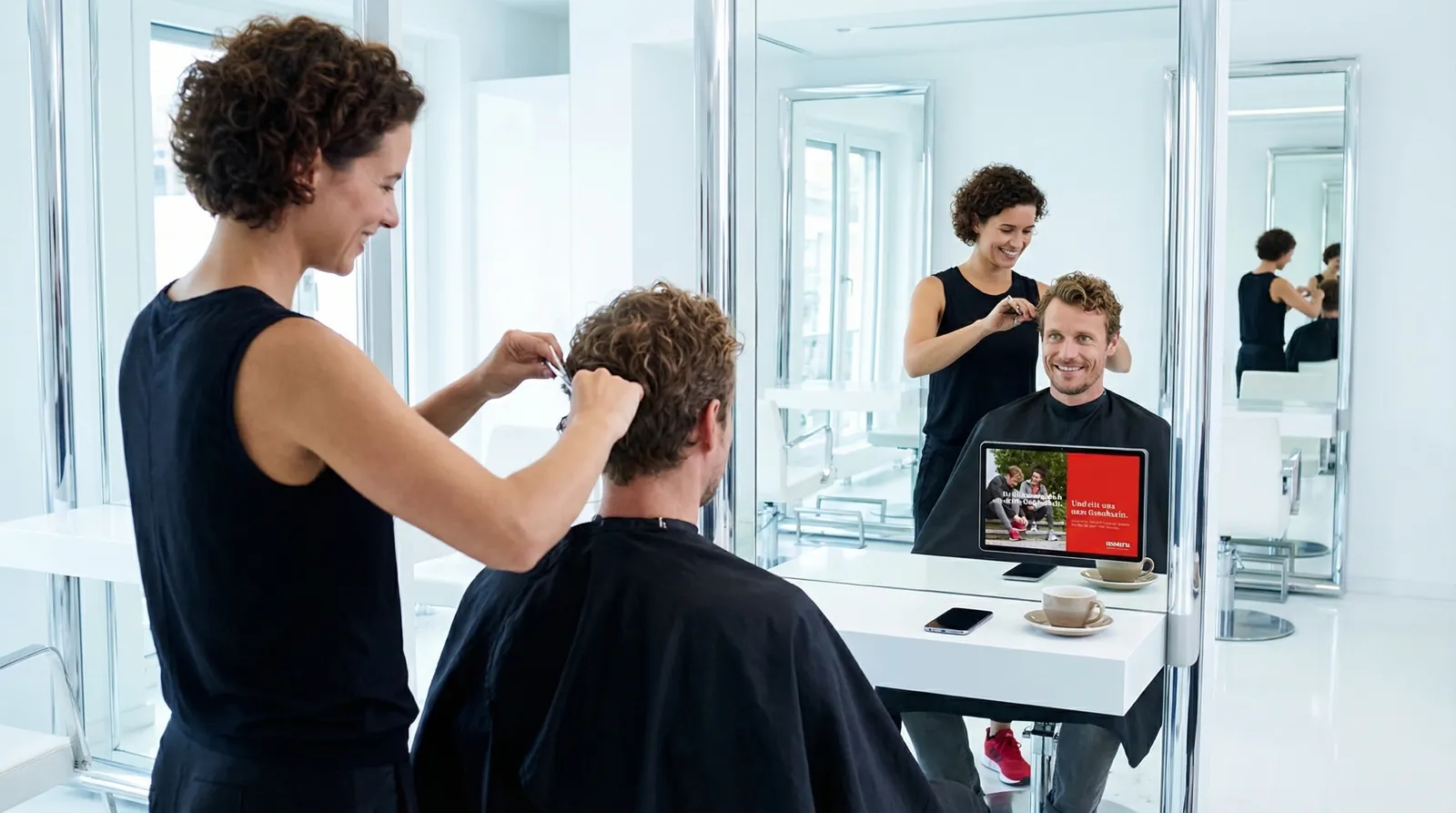 Mann, 40 im Coiffeursalon, auf dem Screen der Spot von Assura
