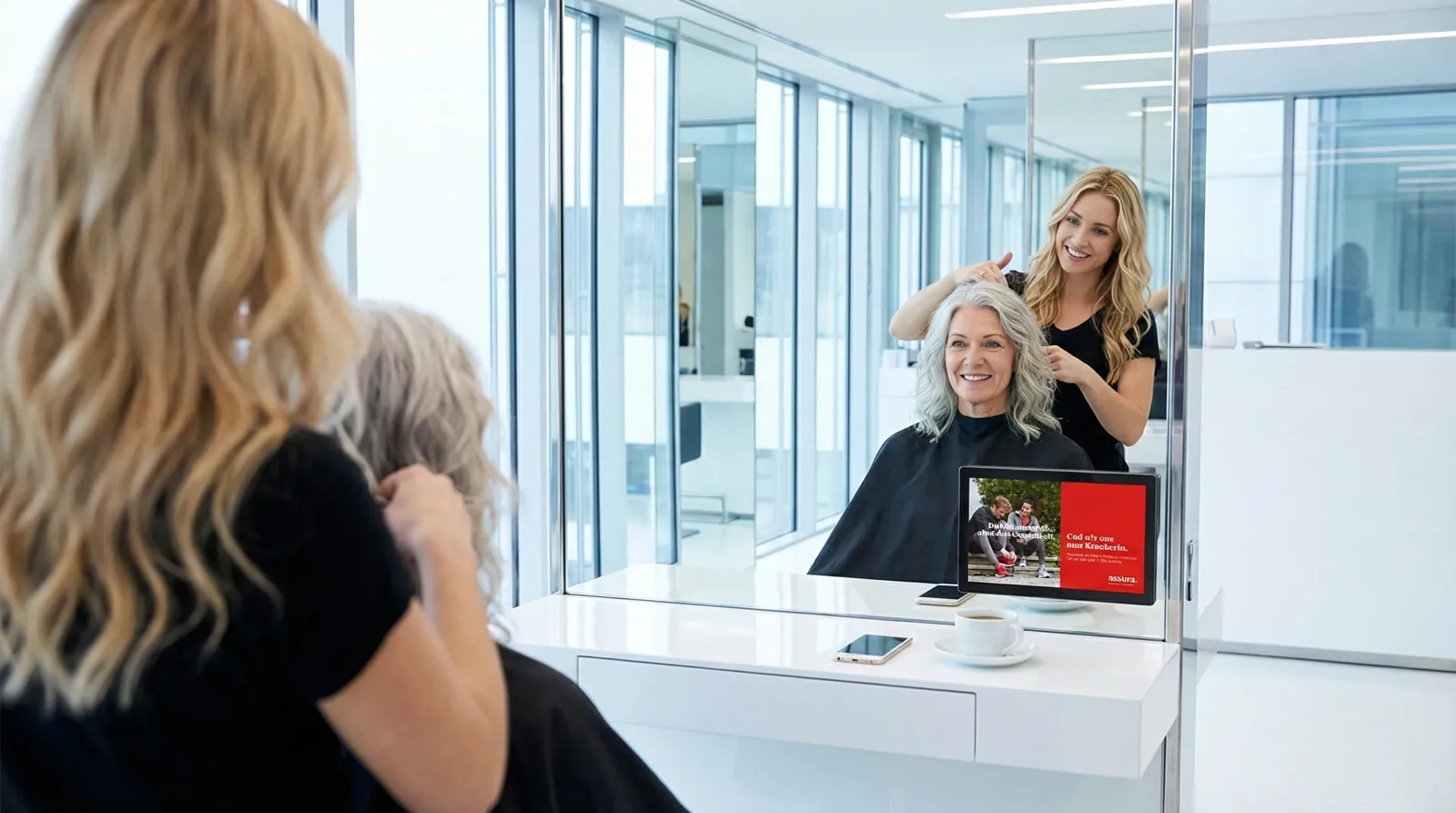 Mann, 60 im Coiffeursalon, auf dem Screen der Spot von Assura