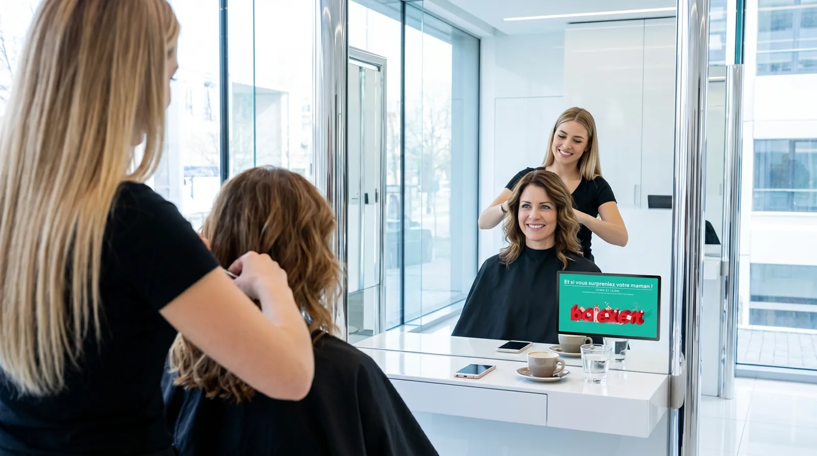 Frau, 30 im Coiffeursalon, auf dem Screen der Spot von Balexert