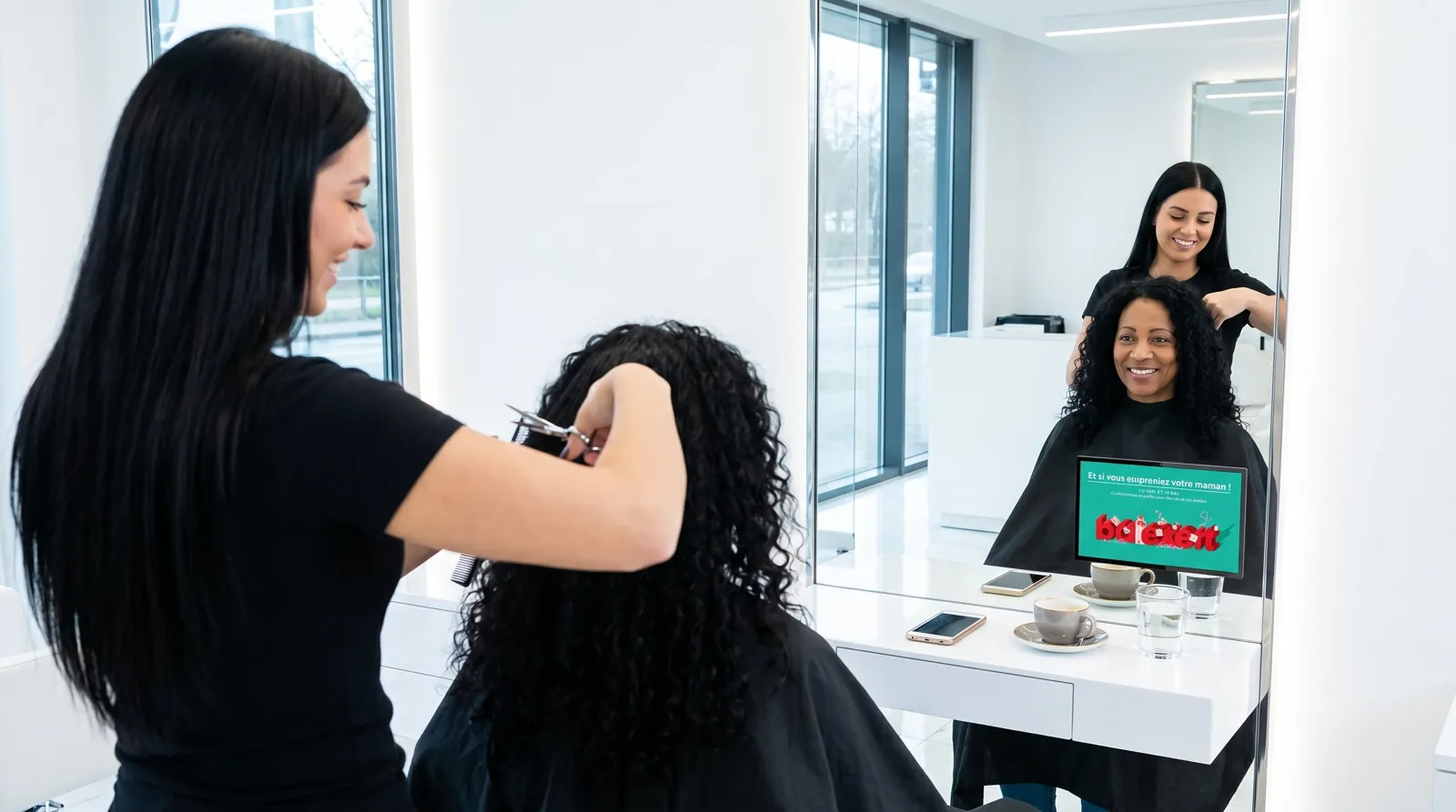Frau, 40 im Coiffeursalon, auf dem Screen der Spot von Balexert
