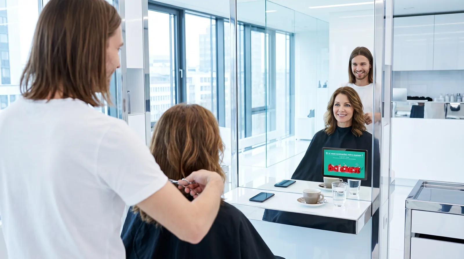 Frau, 50 im Coiffeursalon, auf dem Screen der Spot von Balexert
