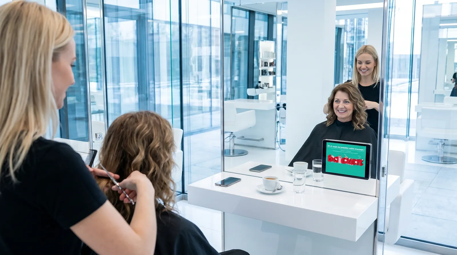 Frau, 60 im Coiffeursalon, auf dem Screen der Spot von Balexert