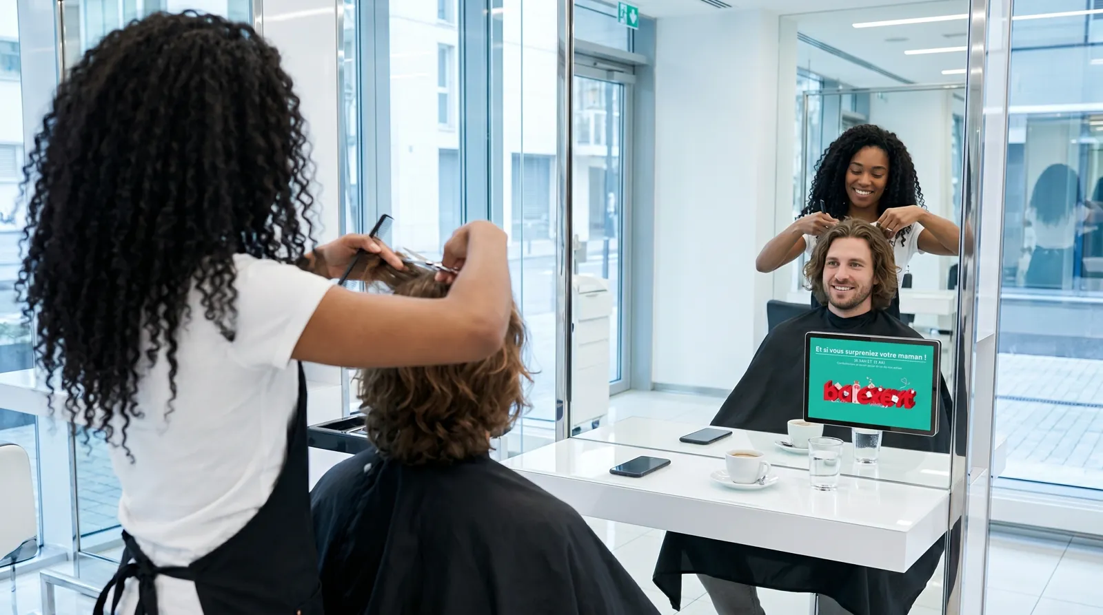 Mann, 30 im Coiffeursalon, auf dem Screen der Spot von Balexert