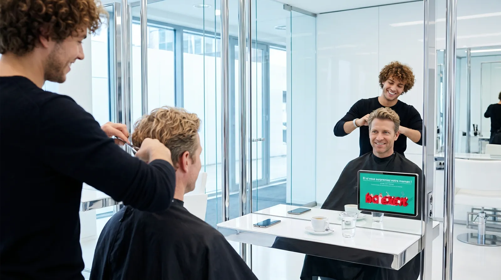 Mann, 40 im Coiffeursalon, auf dem Screen der Spot von Balexert