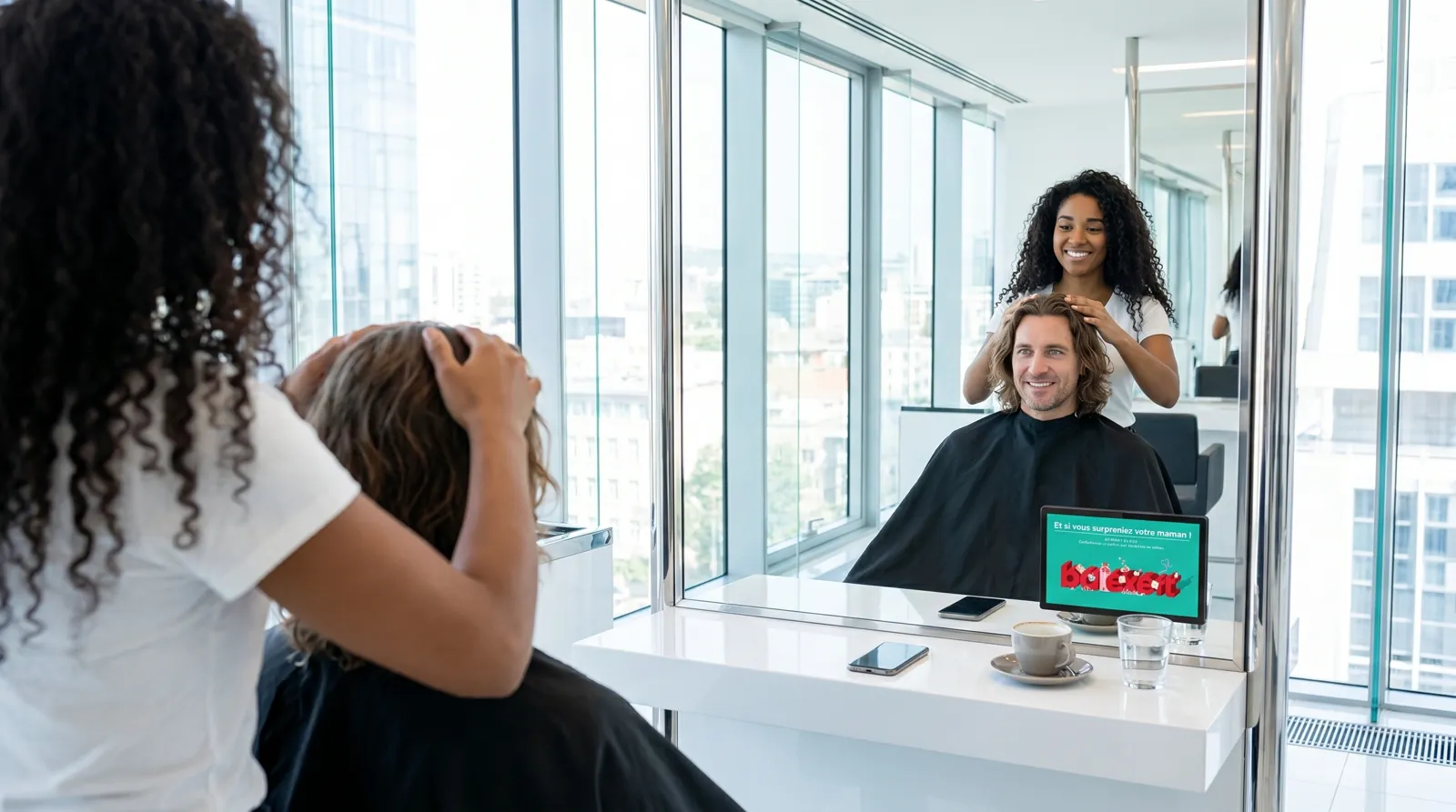 Mann, 50 im Coiffeursalon, auf dem Screen der Spot von Balexert