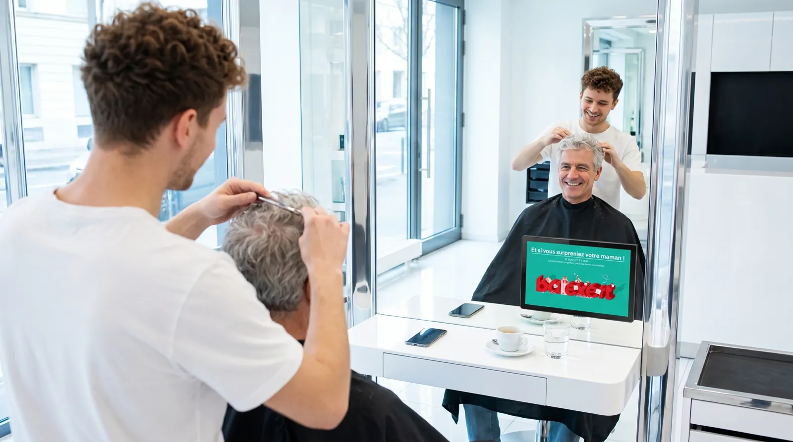 Mann, 60 im Coiffeursalon, auf dem Screen der Spot von Balexert