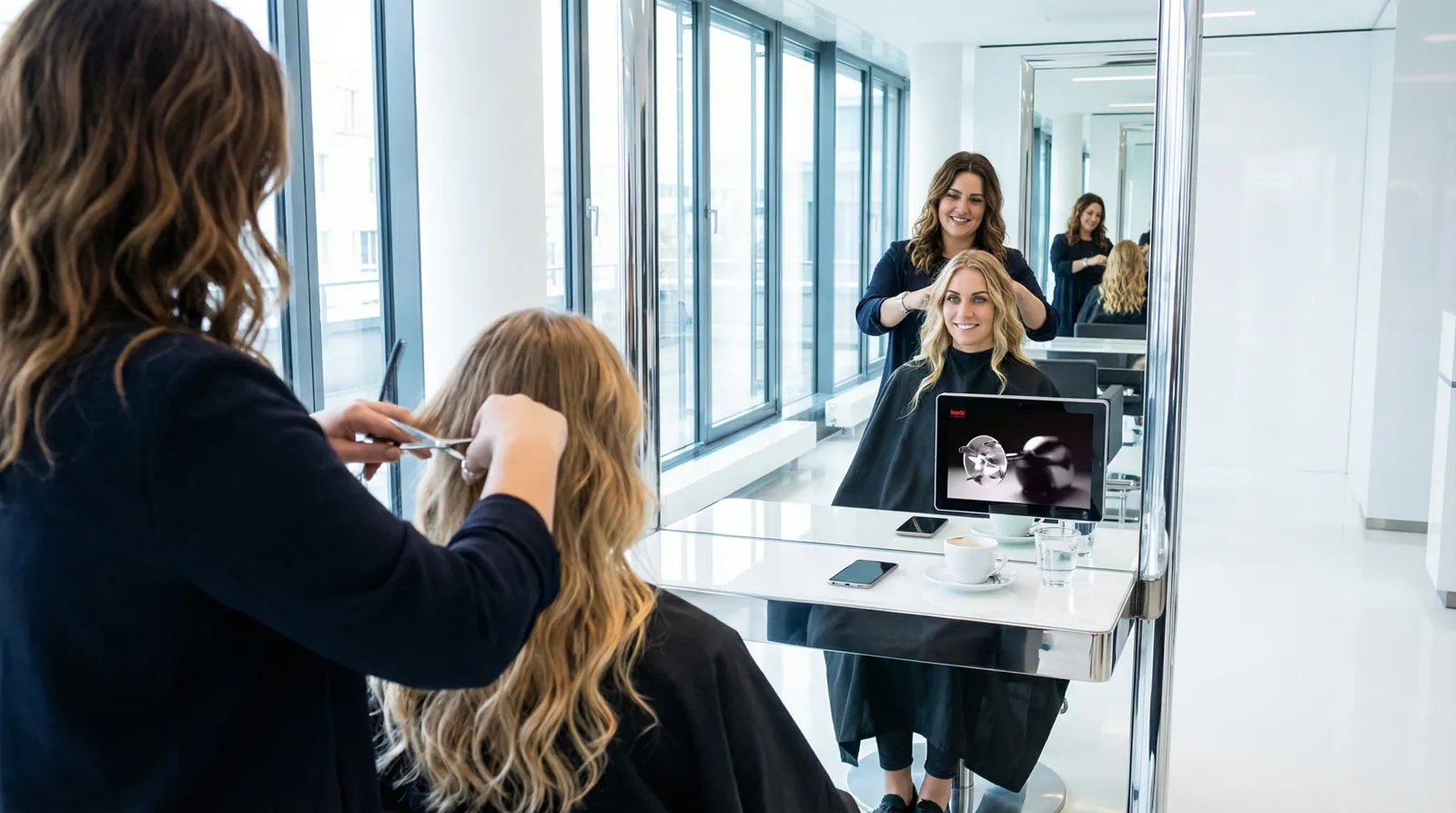 Frau, 20 im Coiffeursalon, auf dem Screen der Spot von bamix